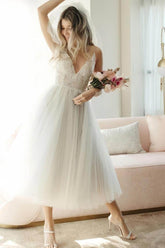 Boho Lace Tea-Length Backless Dress for Reception CW3396CR - COCOMELODY