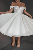 A-Line Off-The-Shoulder Tea-Length Wedding Dress CW3397 - COCOMELODY