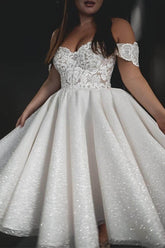 A-Line Off-The-Shoulder Tea-Length Wedding Dress CW3397 - COCOMELODY