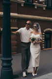 Sheath-Column Tea Length Elastic Cloth Wedding Dress CW3402