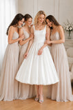 A-Line Tea Length Satin Wedding Dress CW3406