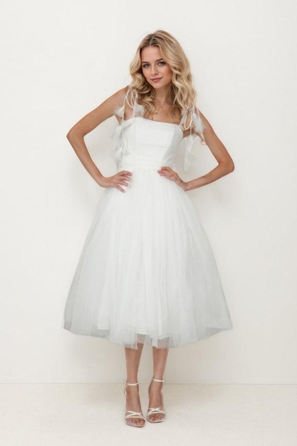 A-Line Tea Length Glitter Tulle Wedding Dress CW3410 - COCOMELODY