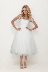 A-Line Tea Length Glitter Tulle Wedding Dress CW3410 - COCOMELODY