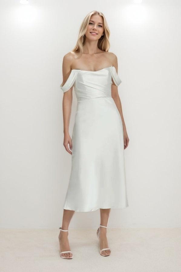 A-Line Tea Length Satin Wedding Dress CW3420 - COCOMELODY