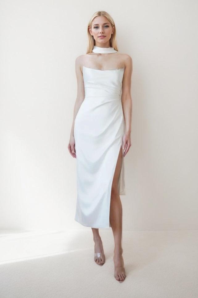 Sheath-Column Tea Length Satin Wedding Dress CW3421 - COCOMELODY