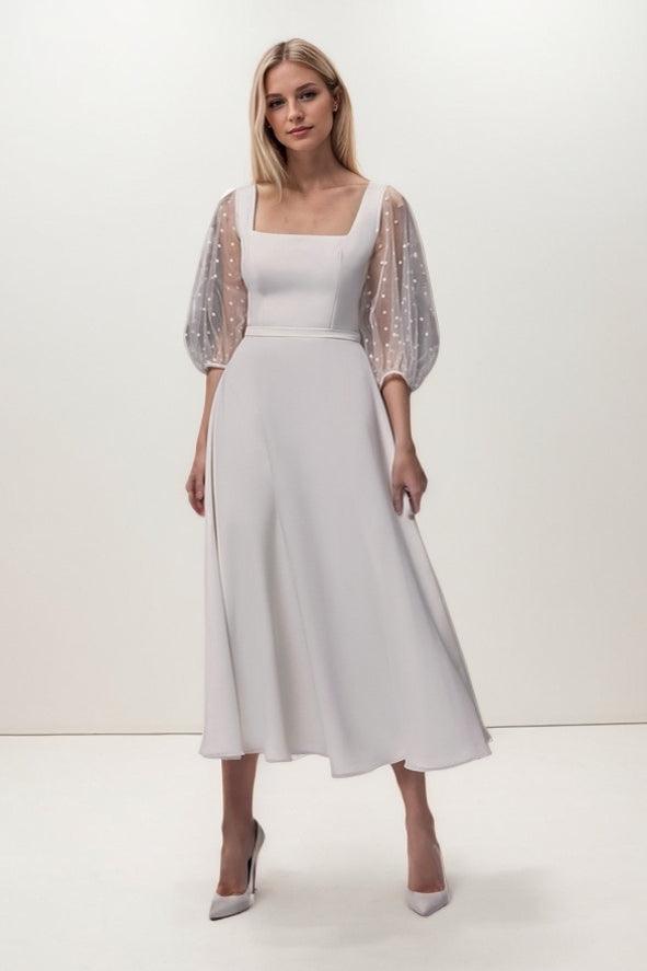 A-Line Tea Length Chiffon Elastic Cloth Wedding Dress CW3422 - COCOMELODY