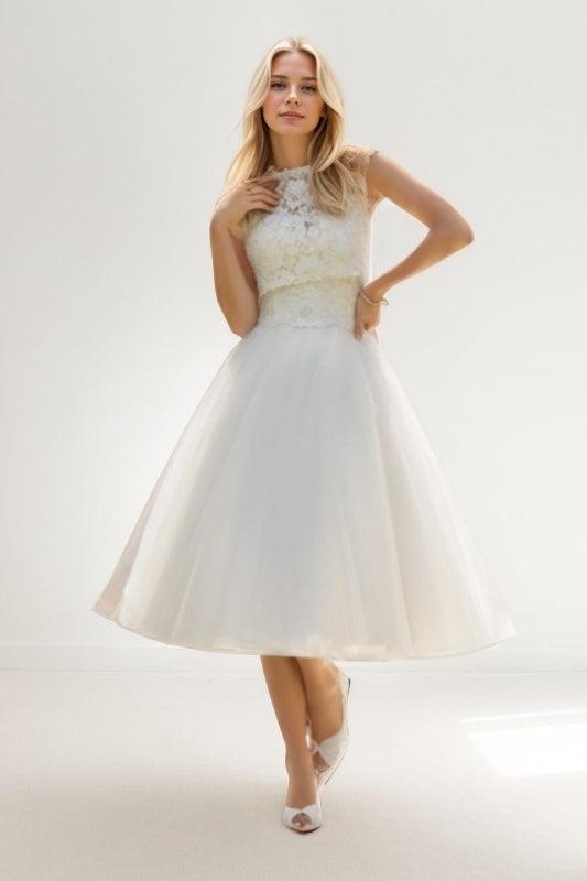 A-Line Tea Length Lace Tulle Wedding Dress CW3429 - COCOMELODY
