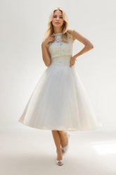 A-Line Tea Length Lace Tulle Wedding Dress CW3429 - COCOMELODY