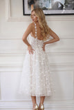 A-Line Tea Length Lace Wedding Dress CW3434