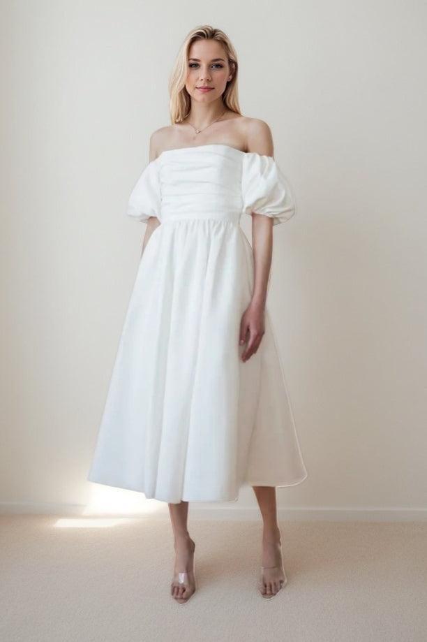 A-Line Tea Length Satin Wedding Dress CW3436 - COCOMELODY