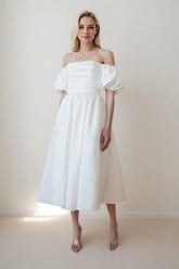 A-Line Tea Length Satin Wedding Dress CW3436 - COCOMELODY