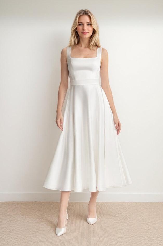 A-Line Tea Length Satin Wedding Dress CW3438 - COCOMELODY