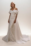 A-Line Sweep-Brush Train Lace Satin Wedding Dress CW3468 - COCOMELODY