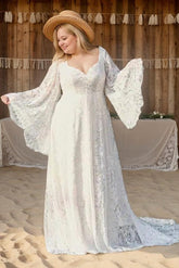 A-Line Sweep-Brush Train Lace Wedding Dress CW3487 - COCOMELODY