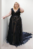A-Line Sweep-Brush Train Lace Tulle Wedding Dress CW3490 - COCOMELODY