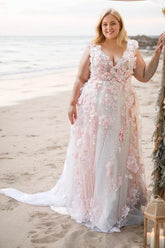 A-Line Sweep-Brush Train Lace Tulle Wedding Dress CW3492 - COCOMELODY