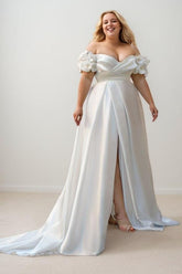 A-Line Court Train Satin Wedding Dress CW3494 - COCOMELODY