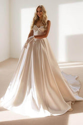 Luxury In Simplicity Satin Basque Sleeveless Pockets A Line Lace-Up Corset Court Train Wedding Dresses COCOMELODY CW3502