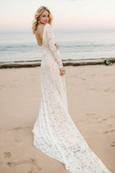 A-Line Sweep-Brush Train Lace Wedding Dress CW3506 - COCOMELODY