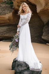 A-Line Sweep-Brush Train Lace Wedding Dress CW3508 - COCOMELODY