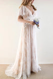 A-Line Sweep-Brush Train Lace Wedding Dress CW3511
