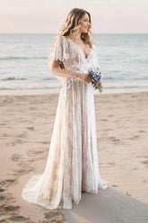 A-Line Sweep-Brush Train Lace Wedding Dress CW3511 - COCOMELODY