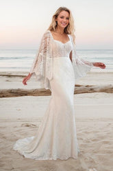 Sheath-Column Sweep-Brush Train Lace Wedding Dress CW3523 - COCOMELODY