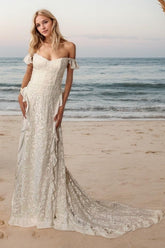 A-Line Sweep-Brush Train Lace Wedding Dress CW3525 - COCOMELODY