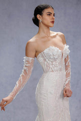 Trumpet-Mermaid Court Train Lace Tulle Wedding Dress CW3536 - COCOMELODY