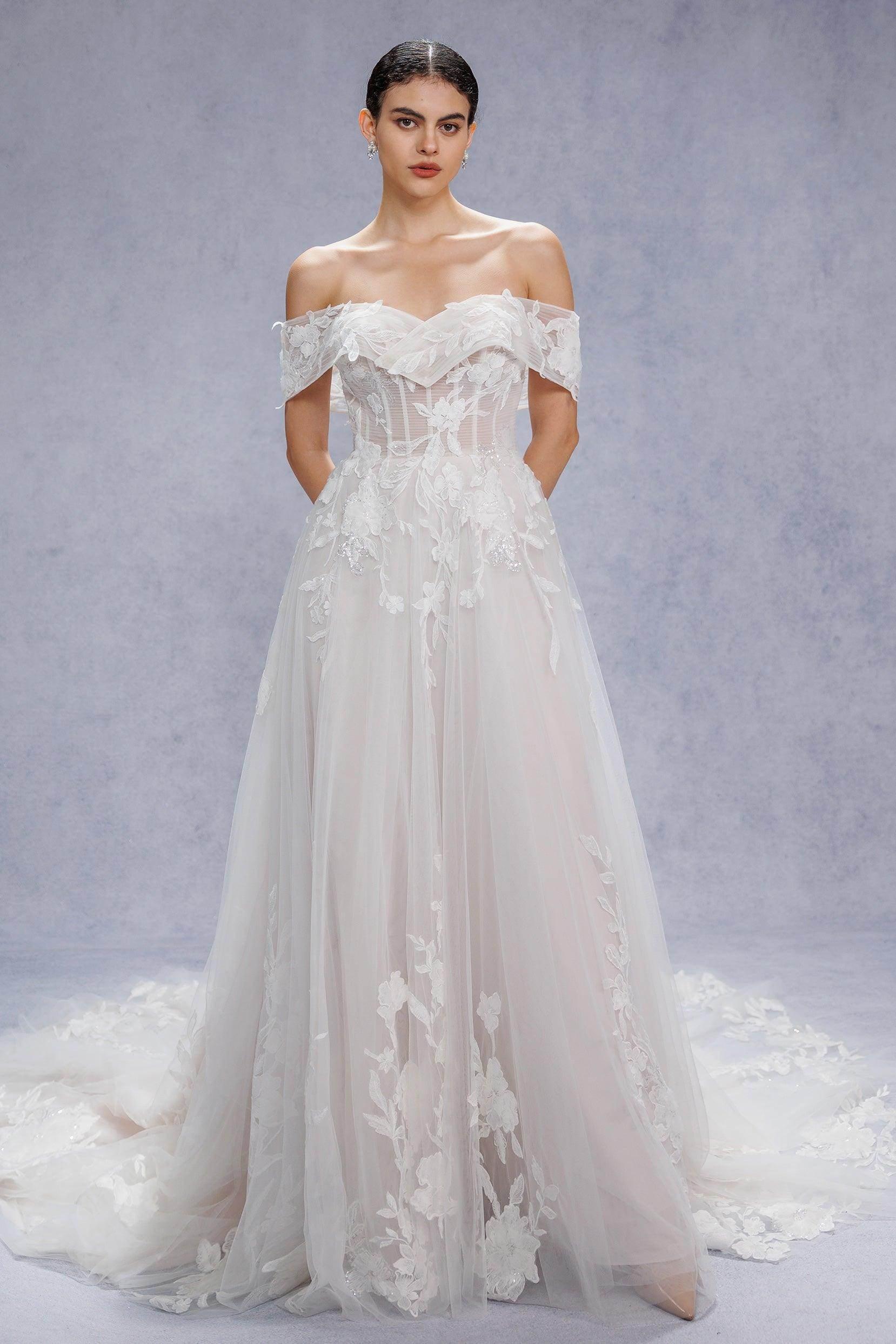 A-Line Court Train Lace Tulle Wedding Dress CW3539CR - COCOMELODY