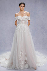 A-Line Court Train Lace Tulle Wedding Dress CW3539CR - COCOMELODY