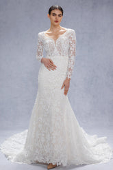 Trumpet-Mermaid Court Train Lace Tulle Wedding Dress CW3540 - COCOMELODY