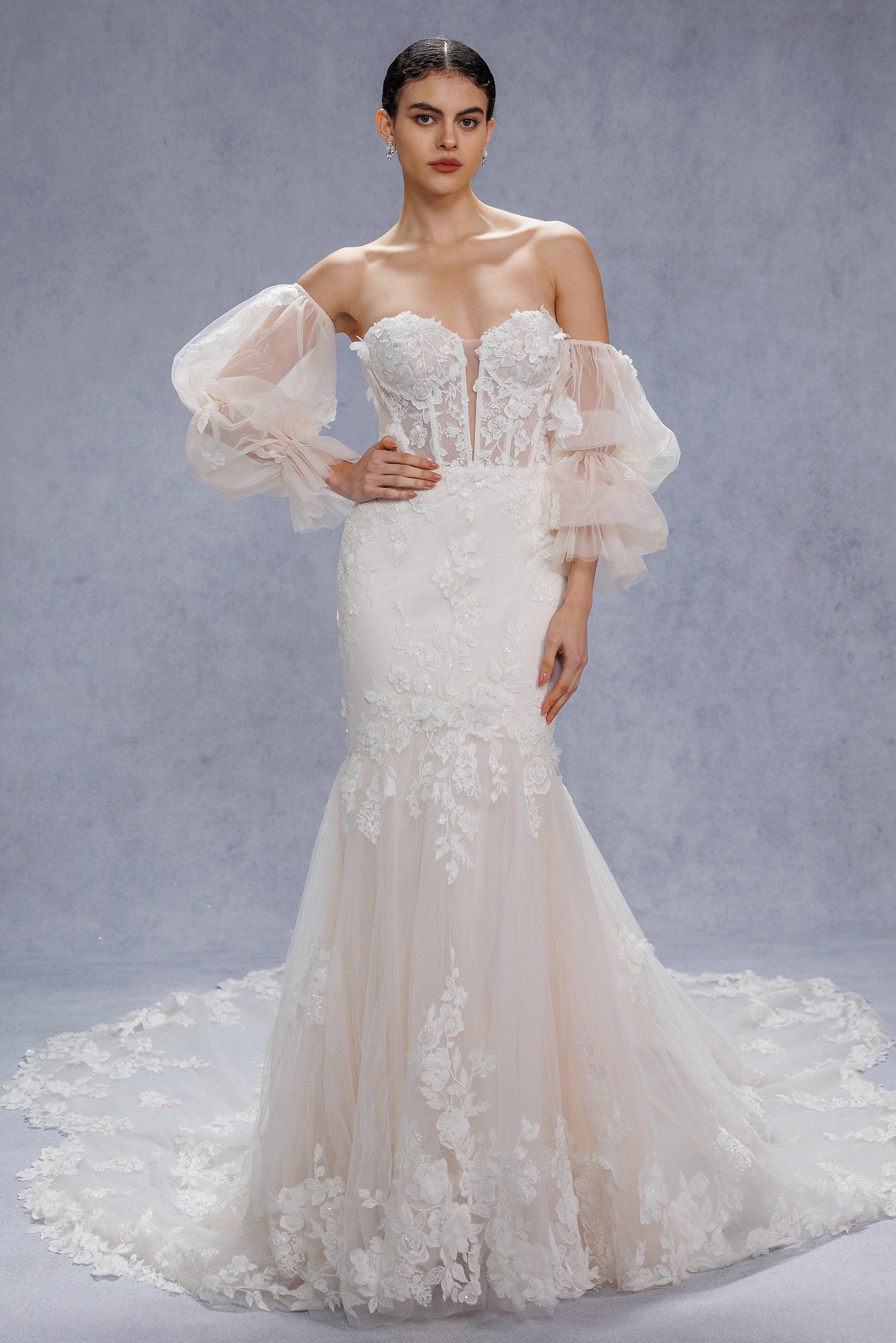 Trumpet-Mermaid Chapel Train Lace Tulle Wedding Dress CW3541 - COCOMELODY