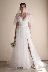 A-Line Sweep-Brush Train Lace Tulle Wedding Dress CW3547 - COCOMELODY