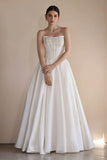 A-Line Floor Length Satin Wedding Dress CW3549 - COCOMELODY