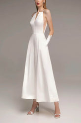 V-Neck Tea Length Stretch Satin Wedding Jumpsuit CW3563 - COCOMELODY