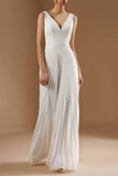 V-Neck Floor Length Chiffon Wedding Jumpsuit CW3574 - COCOMELODY