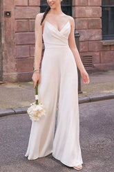 V-Neck Floor Length Chiffon Wedding Jumpsuit CW3576 - COCOMELODY