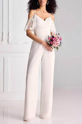 V-Neck Floor Length Lace Chiffon Wedding Jumpsuit CW3578 - COCOMELODY
