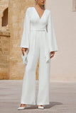 V-Neck Floor Length Chiffon Wedding Jumpsuit CW3580 - COCOMELODY