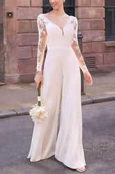V-Neck Floor Length Chiffon Wedding Jumpsuit CW3582 - COCOMELODY