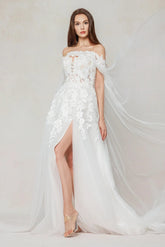 A-Line Sweep-Brush Train Tulle Wedding Dress CW3590 - COCOMELODY