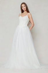 A-Line Sweep-Brush Train Stretch Satin Tulle Wedding Dress CW3595 - COCOMELODY