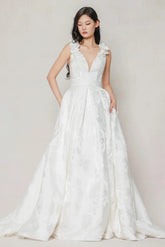 A-Line Court Train Jacquard Satin Wedding Dress CW3622 - COCOMELODY