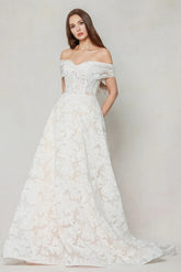 A-Line Court Train Gauze Broche Wedding Dress CW3623 - COCOMELODY