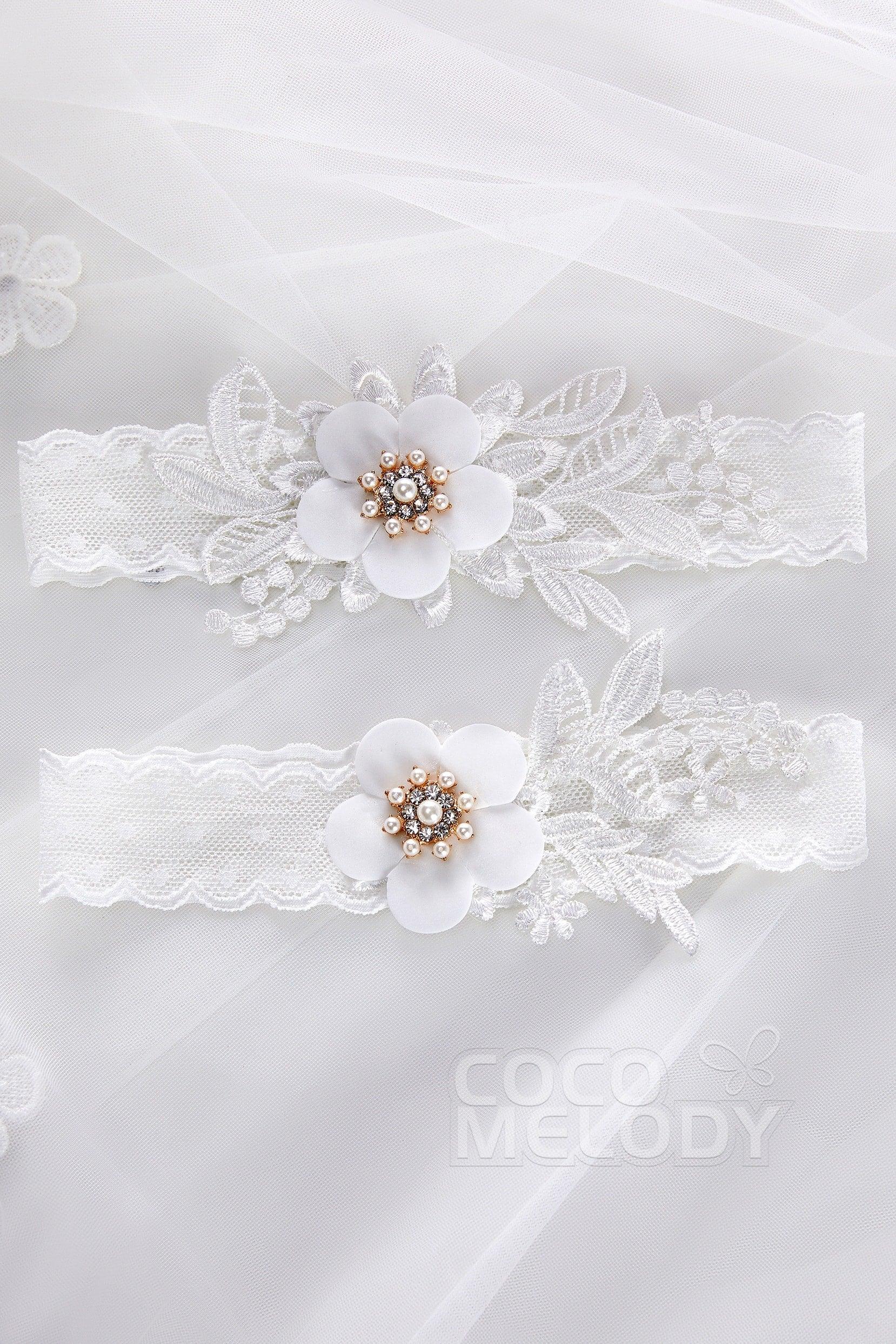 Lace Wedding Garter with Flower and Pearls CZ0189 - COCOMELODY