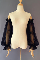 Black Tulle Detachable Long Sleeves with Ruched CZ0330 - COCOMELODY