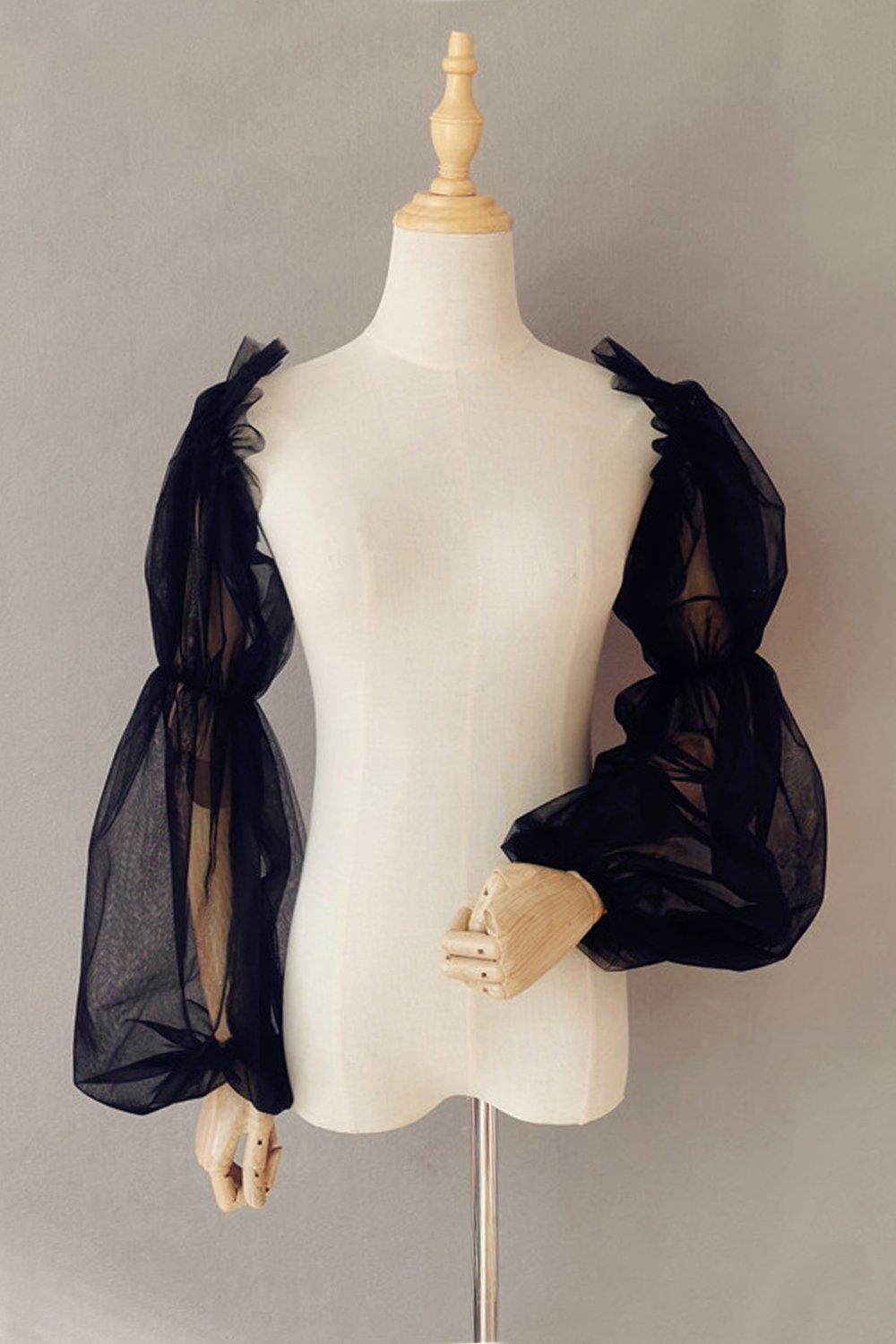 Black Tulle Detachable Long Sleeves with Ruched CZ0332 - COCOMELODY