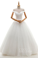 A-Line Floor Length Tulle Ivory Wedding Dress JWLF16001 - COCOMELODY