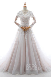 A-Line Court Train Tulle and Lace Wedding Dress LD5693 - COCOMELODY